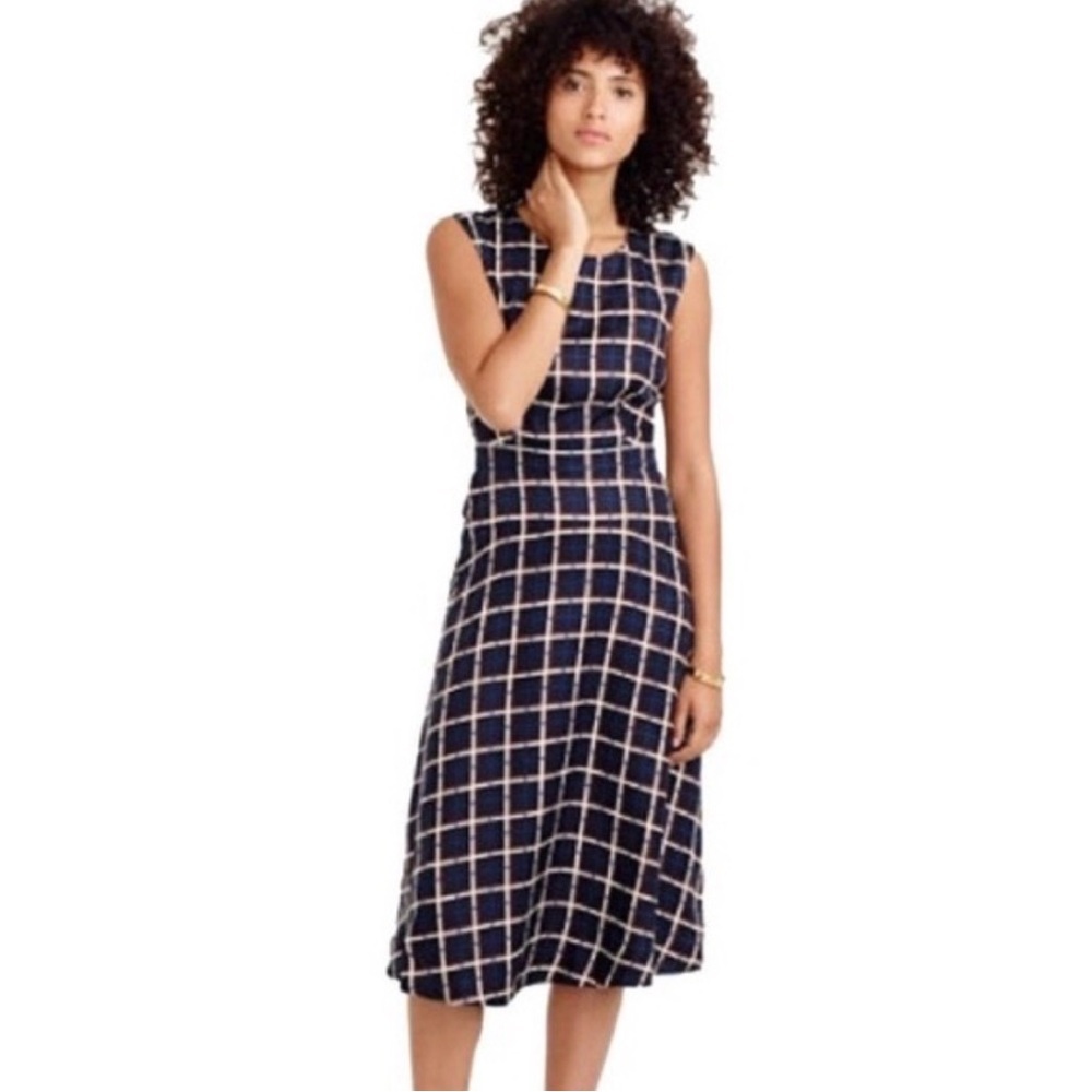 J. Crew Navy and Cream Checkered Midi Dress